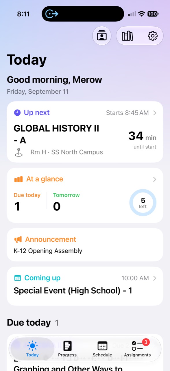Oakwood One Today tab with a morning greeting, the next class and its room, due counts, an announcement, and an upcoming event